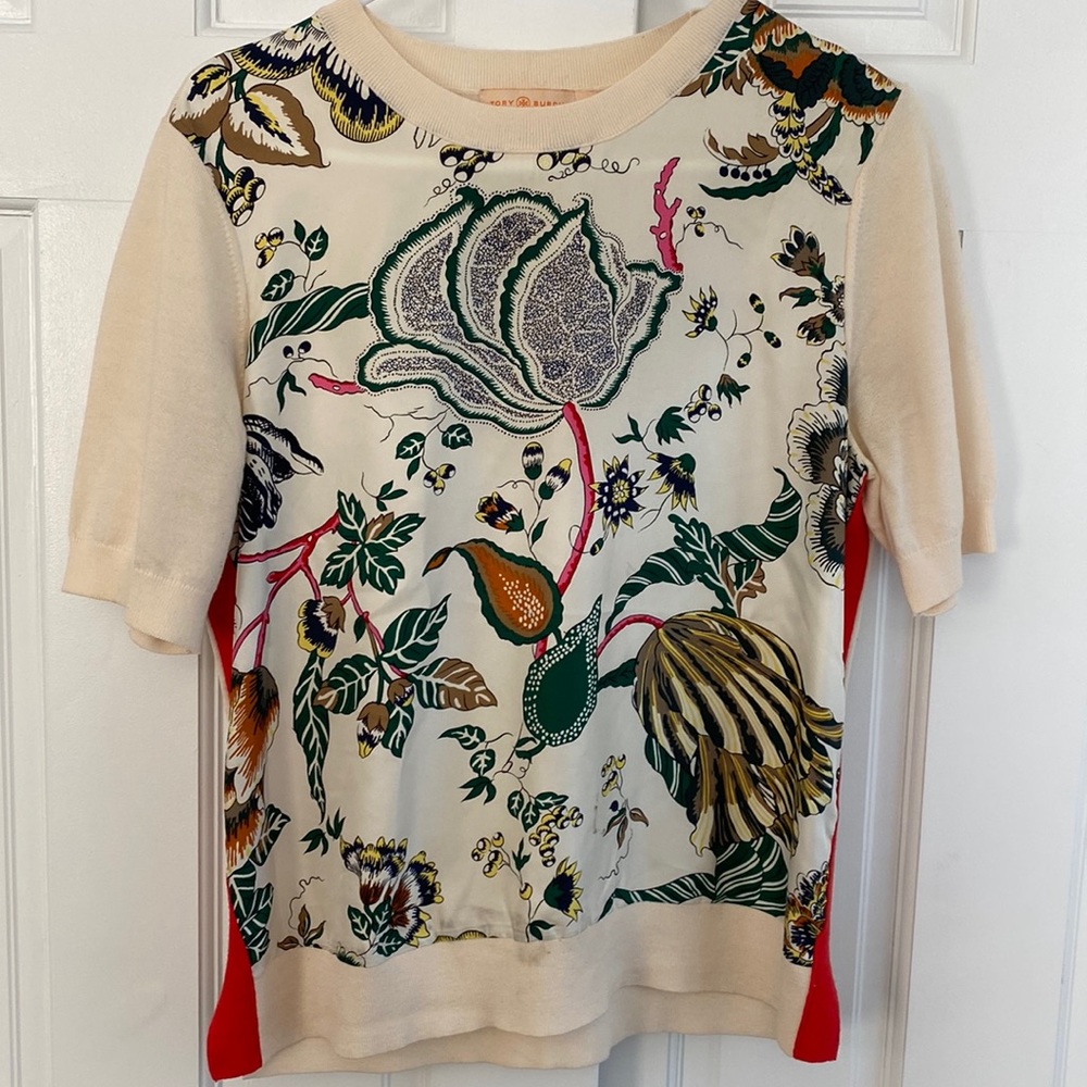 Tory Burch silk front short sleeve sweater